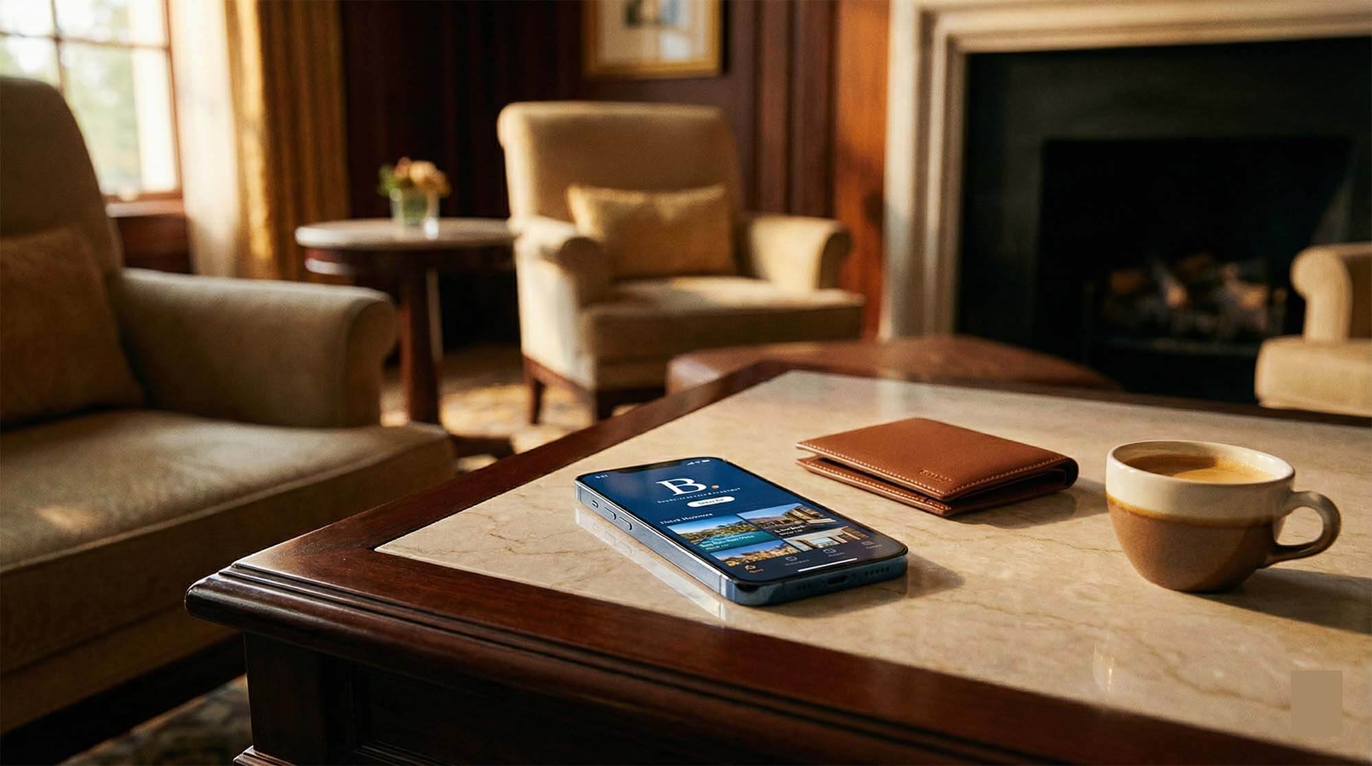 高級飯店大廳與手機顯示萬豪積分 App