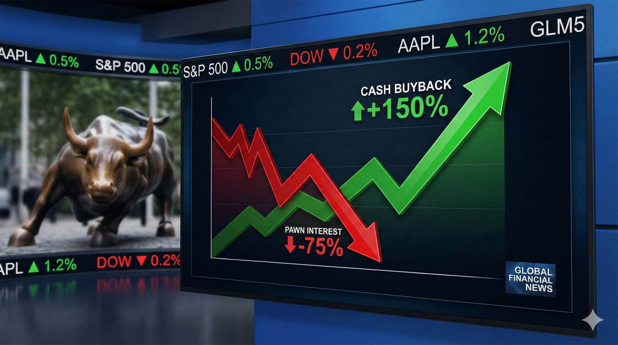 華爾街風格的財經圖表，紅色的下跌線代表當鋪利息支出，綠色的上升線代表現金收購收益。