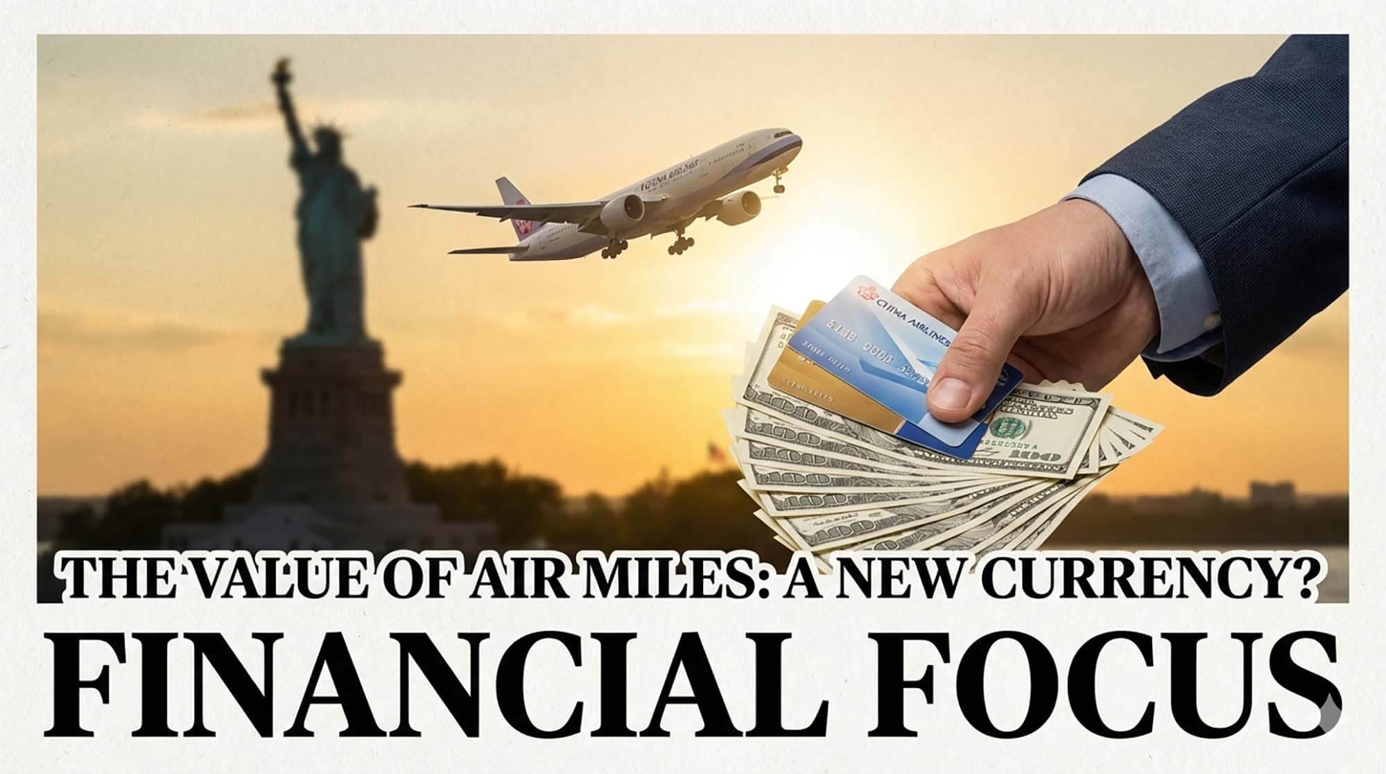 自由女神像背景與華航飛機，前景為手持現金，象徵長程航線哩程變現 / Background of Statue of Liberty and China Airlines plane, foreground hand holding cash, symbolizing cashing out long-haul flight miles.